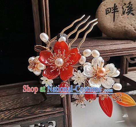 China Ming Dynasty Agate Flower Hair Comb Traditional Hanfu Hair Accessories Handmade Ancient Palace Lady Pearls Hairpin