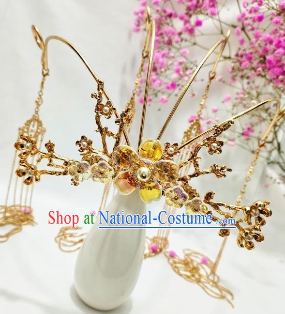 China Ming Dynasty Bride Golden Hair Crown Traditional Hanfu Wedding Hair Accessories Handmade Ancient Princess Headdress