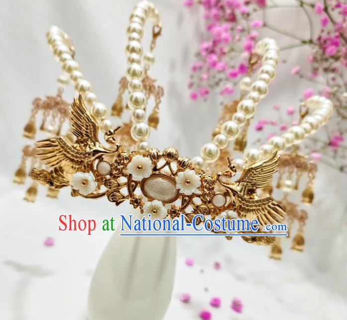 China Ming Dynasty Golden Cranes Hair Crown Traditional Hanfu Wedding Hair Accessories Handmade Ancient Princess Pearls Hairpin