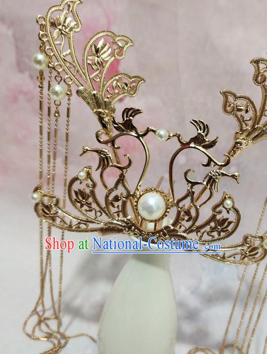 China Tang Dynasty Princess Golden Hair Crown Traditional Hanfu Hair Accessories Handmade Ancient Court Woman Tassel Hairpin