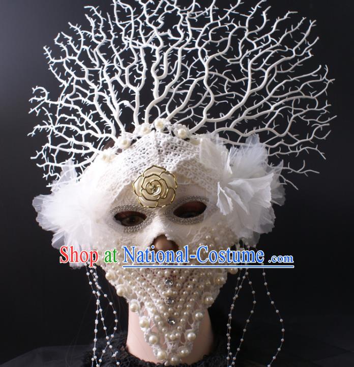 Deluxe White Lace Face Mask Stage Performance Headpiece Halloween Cosplay Pearls Mask