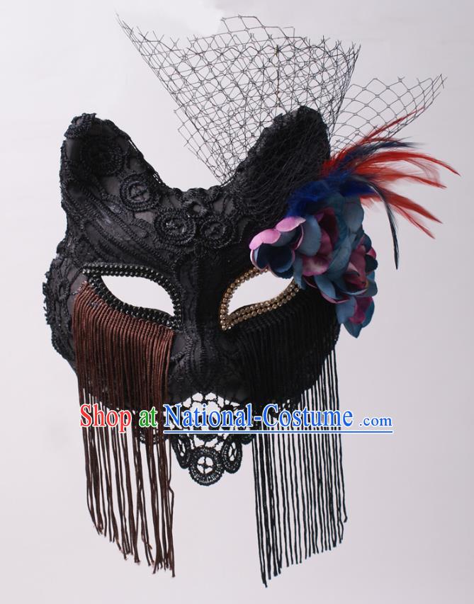 Cosplay Party Deluxe Black Lace Mask Handmade Fox Face Mask Halloween Stage Performance Headpiece