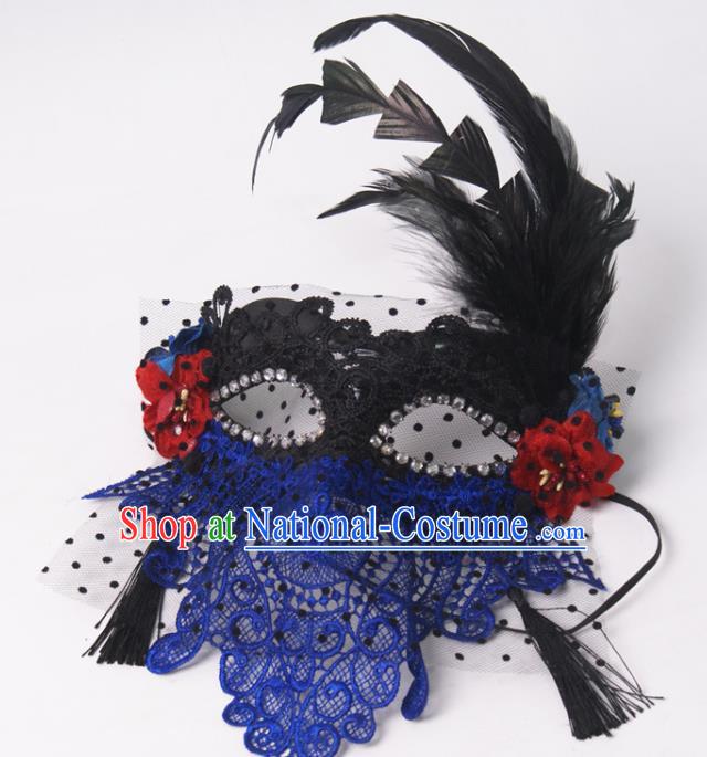 Handmade Halloween Cosplay Party Black Feather Mask Carnival Blue Lace Face Mask Stage Performance Headpiece