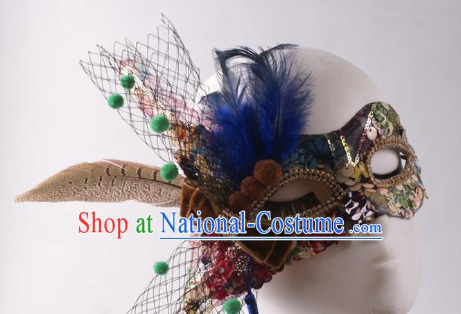 Handmade Halloween Cosplay Party Sequins Mask Carnival Feather Face Mask Stage Performance Blinder Headpiece