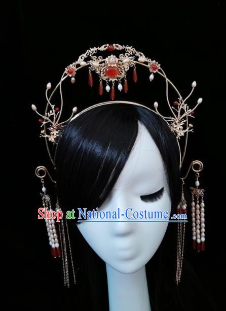 China Tang Dynasty Princess Golden Hair Crown Traditional Hanfu Hair Accessories Ancient Court Woman Tassel Hair Clasp