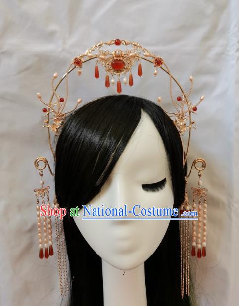 China Tang Dynasty Princess Golden Hair Crown Traditional Hanfu Hair Accessories Ancient Court Woman Tassel Hair Clasp