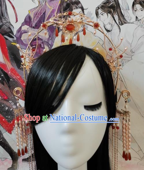 China Tang Dynasty Princess Golden Hair Crown Traditional Hanfu Hair Accessories Ancient Court Woman Tassel Hair Clasp