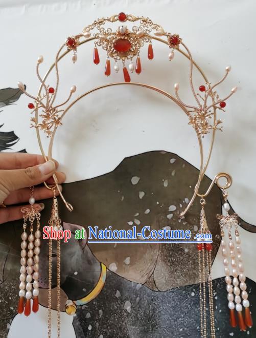 China Tang Dynasty Princess Golden Hair Crown Traditional Hanfu Hair Accessories Ancient Court Woman Tassel Hair Clasp