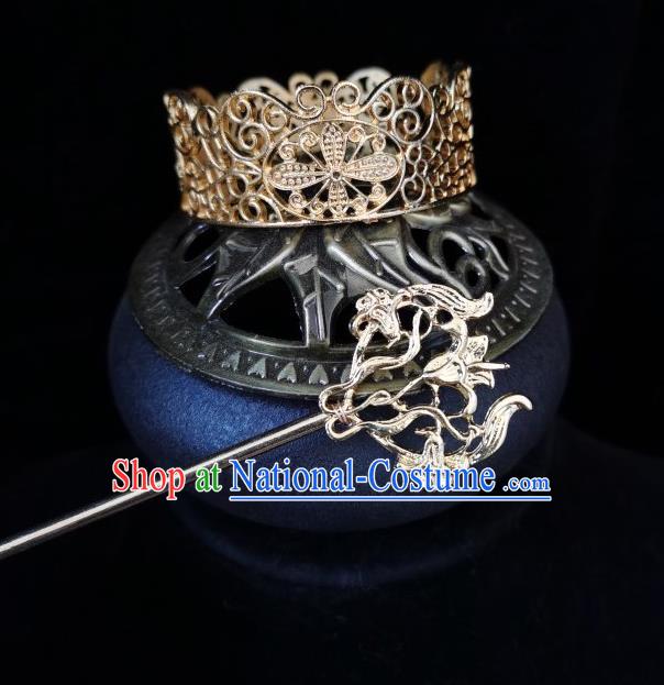 Chinese Ancient Nobility Childe Headwear Traditional Tang Dynasty Prince Golden Hair Crown and Hairpin