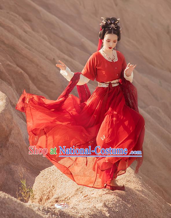 China Ancient Court Lady Red Hanfu Dress Apparels Traditional Tang Dynasty Palace Princess Historical Clothing Full Set