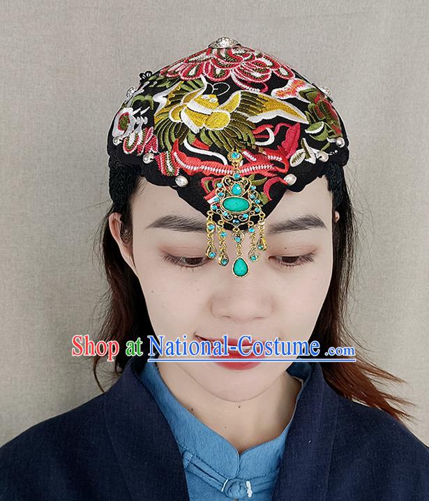 China Handmade Black Cloth Headband Yunnan Minority Woman Embroidered Hair Clasp Ethnic Peacock Dance Hair Accessories