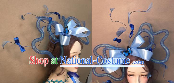 Top Stage Show Giant Headdress Catwalks Hair Accessories Cosplay Flowers Fairy Hair Clasp Baroque Bride Blue Bowknot Hair Crown