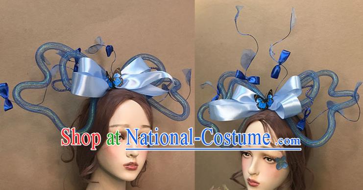 Top Stage Show Giant Headdress Catwalks Hair Accessories Cosplay Flowers Fairy Hair Clasp Baroque Bride Blue Bowknot Hair Crown