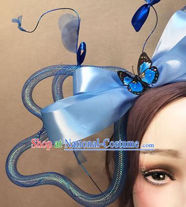 Top Stage Show Giant Headdress Catwalks Hair Accessories Cosplay Flowers Fairy Hair Clasp Baroque Bride Blue Bowknot Hair Crown