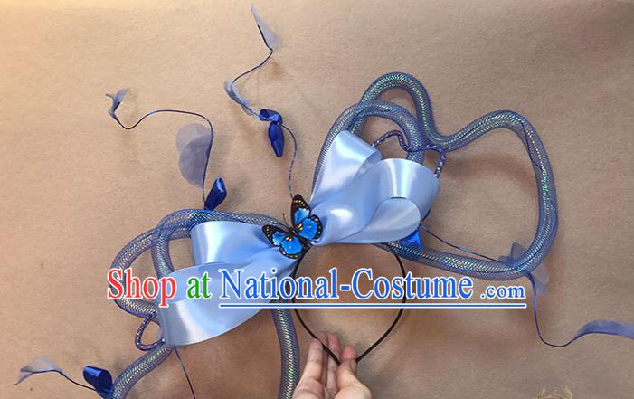 Top Stage Show Giant Headdress Catwalks Hair Accessories Cosplay Flowers Fairy Hair Clasp Baroque Bride Blue Bowknot Hair Crown