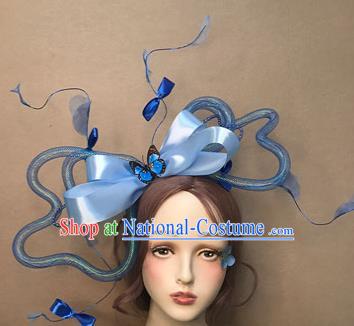 Top Stage Show Giant Headdress Catwalks Hair Accessories Cosplay Flowers Fairy Hair Clasp Baroque Bride Blue Bowknot Hair Crown