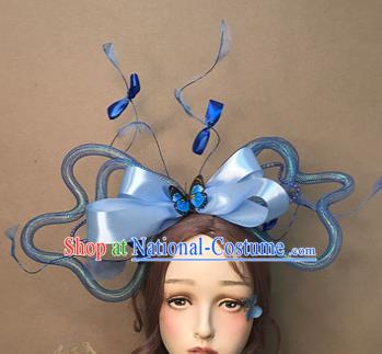 Top Stage Show Giant Headdress Catwalks Hair Accessories Cosplay Flowers Fairy Hair Clasp Baroque Bride Blue Bowknot Hair Crown