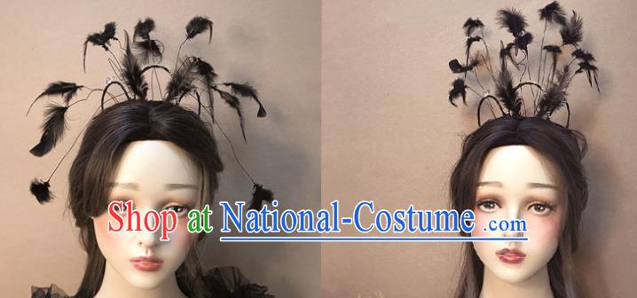 Top Baroque Bride Black Feather Hair Crown Stage Show Giant Headdress Catwalks Hair Accessories Cosplay Goddess Hair Clasp