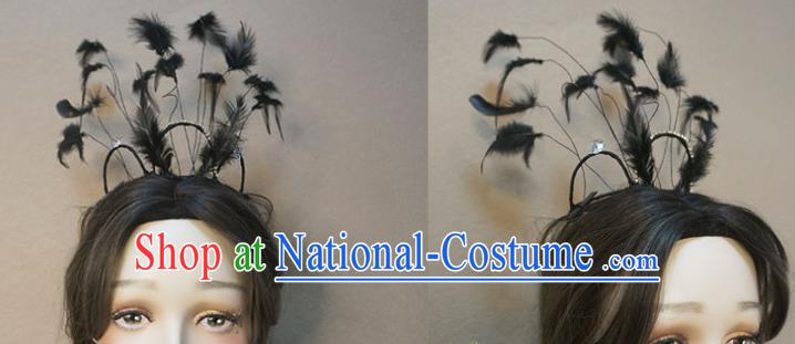 Top Baroque Bride Black Feather Hair Crown Stage Show Giant Headdress Catwalks Hair Accessories Cosplay Goddess Hair Clasp