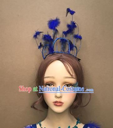 Top Catwalks Hair Accessories Cosplay Goddess Hair Clasp Baroque Bride Blue Feather Hair Crown Stage Show Headdress