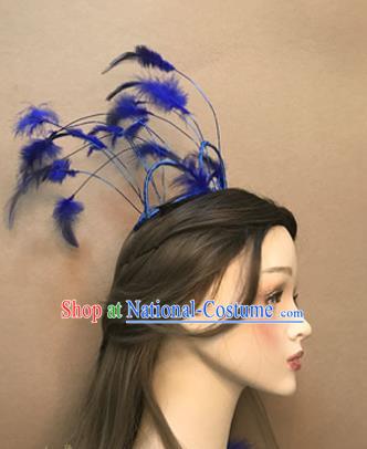 Top Catwalks Hair Accessories Cosplay Goddess Hair Clasp Baroque Bride Blue Feather Hair Crown Stage Show Headdress