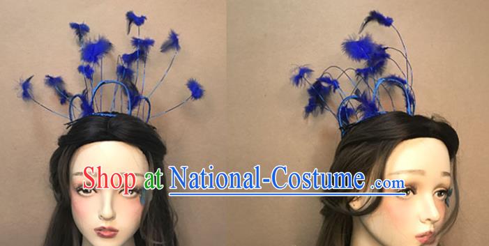 Top Catwalks Hair Accessories Cosplay Goddess Hair Clasp Baroque Bride Blue Feather Hair Crown Stage Show Headdress