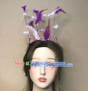 Top Stage Show Headdress Catwalks Hair Accessories Cosplay Fairy Hair Clasp Baroque Bride Purple Feather Hair Crown