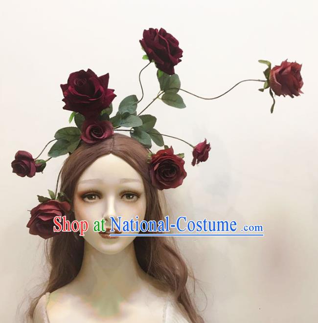 Top Catwalks Dark Red Rose Hair Clasp Cosplay Angel Hair Accessories Gothic Bride Hair Crown Stage Show Giant Headdress