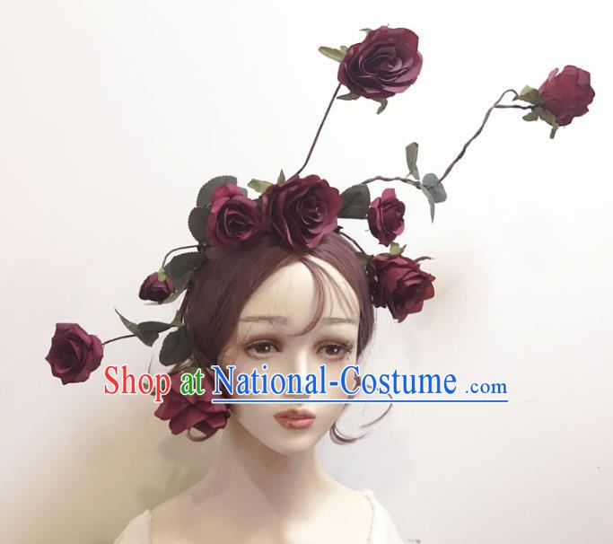 Top Catwalks Dark Red Rose Hair Clasp Cosplay Angel Hair Accessories Gothic Bride Hair Crown Stage Show Giant Headdress