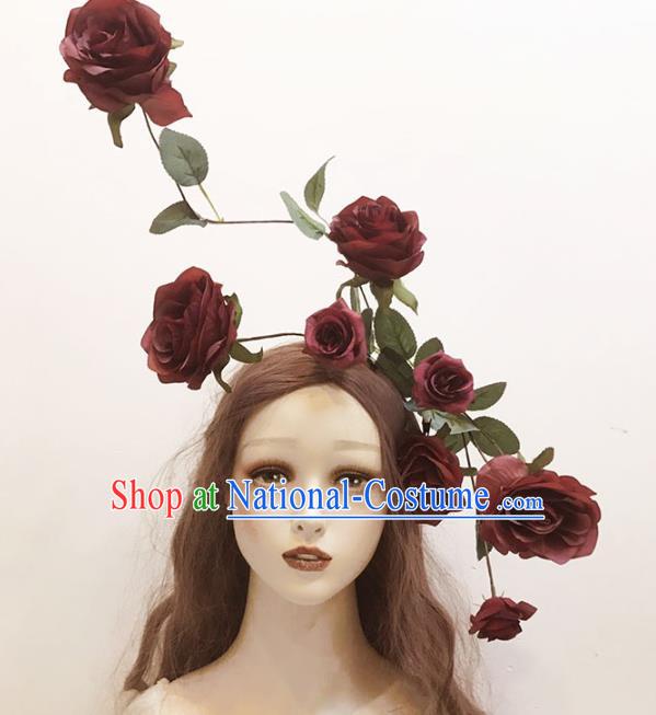 Top Catwalks Dark Red Rose Hair Clasp Cosplay Angel Hair Accessories Gothic Bride Hair Crown Stage Show Giant Headdress