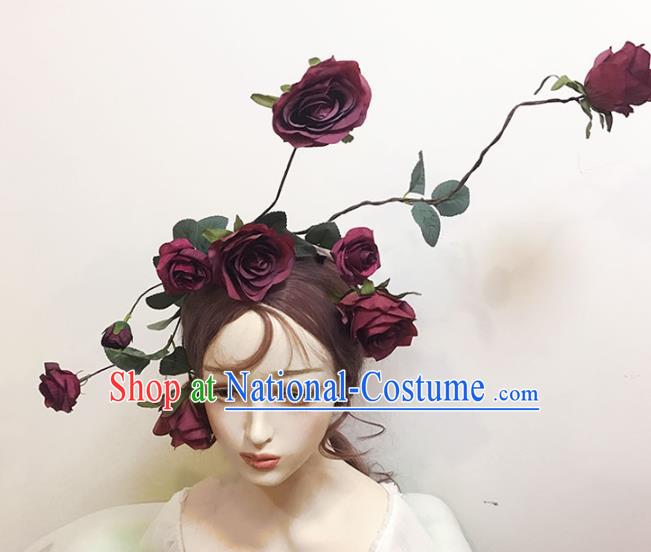 Top Catwalks Dark Red Rose Hair Clasp Cosplay Angel Hair Accessories Gothic Bride Hair Crown Stage Show Giant Headdress