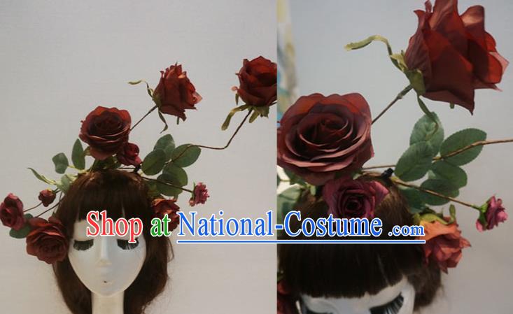 Top Catwalks Dark Red Rose Hair Clasp Cosplay Angel Hair Accessories Gothic Bride Hair Crown Stage Show Giant Headdress