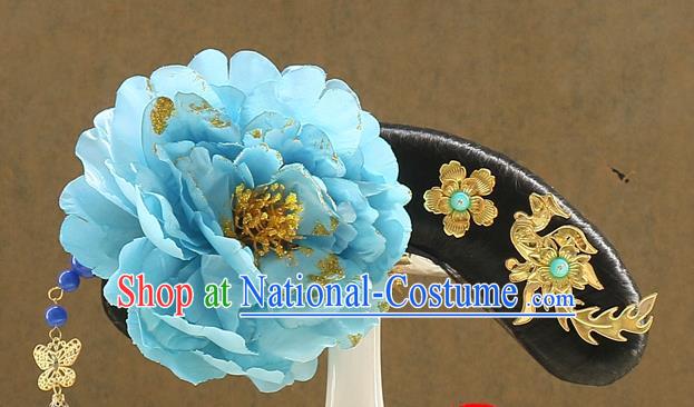 Chinese Drama Jade Palace Lock Heart Blue Peony Hair Accessories Qing Dynasty Court Maid Wigs Sheath Ancient Manchu Lady Hair Chignon