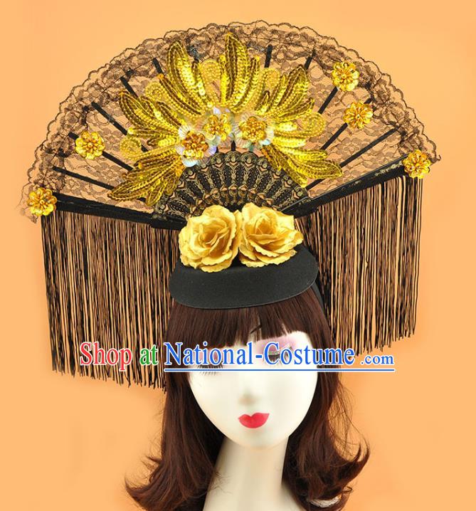 Chinese Stage Show Golden Sequins Hair Crown Cosplay Court Black Lace Fan Top Hat Catwalks Deluxe Tassel Headdress