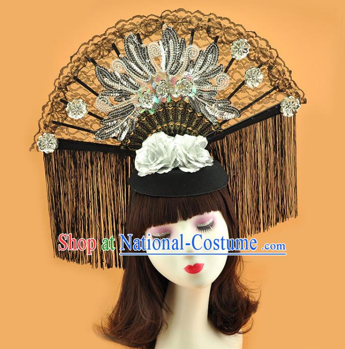 Chinese Catwalks Deluxe Tassel Headdress Stage Show Argent Sequins Hair Crown Cosplay Court Black Lace Fan Top Hat