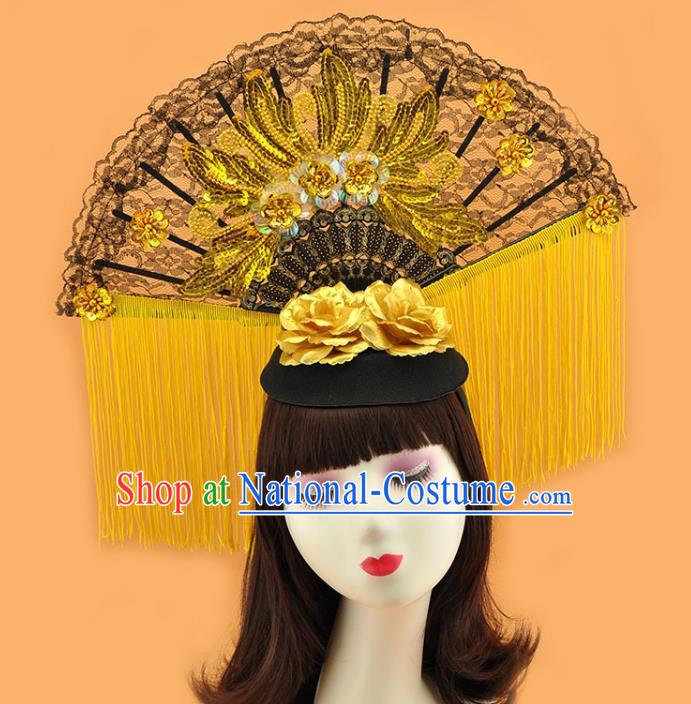 Chinese Cosplay Court Black Lace Fan Top Hat Catwalks Deluxe Yellow Tassel Headdress Stage Show Sequins Hair Crown