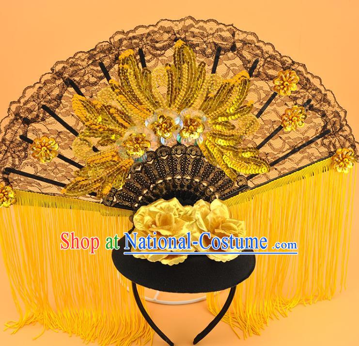 Chinese Cosplay Court Black Lace Fan Top Hat Catwalks Deluxe Yellow Tassel Headdress Stage Show Sequins Hair Crown