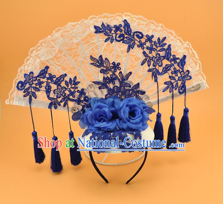 Chinese Court Blue and White Porcelain Top Hat Catwalks Deluxe Blue Tassel Headdress Stage Show Lace Fan Hair Crown