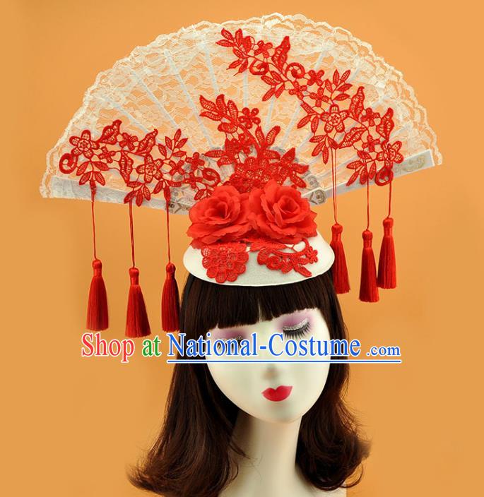 Chinese Stage Show Lace Fan Hair Crown Court Blue and White Porcelain Top Hat Catwalks Deluxe Red Tassel Headdress