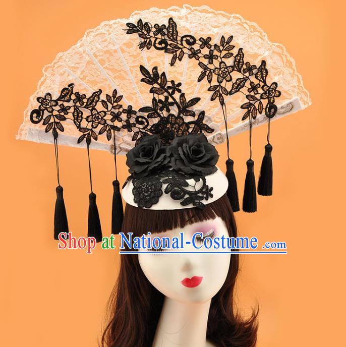 Chinese Court Lace Fan Top Hat Catwalks Deluxe Black Tassel Headdress Stage Show Blue and White Porcelain Hair Crown