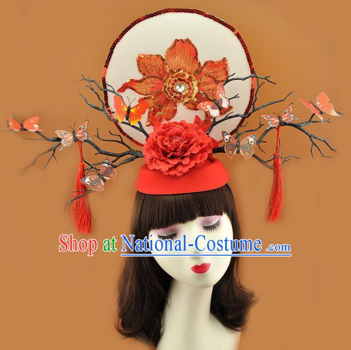 Chinese Stage Show Red Sequins Peony Hair Crown Court Butterfly Branch Top Hat Catwalks Deluxe Tassel Headdress