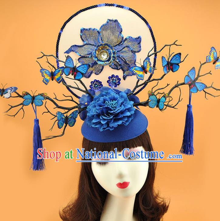 Chinese Catwalks Deluxe Tassel Headdress Stage Show Royalblue Sequins Peony Hair Crown Court Butterfly Branch Top Hat