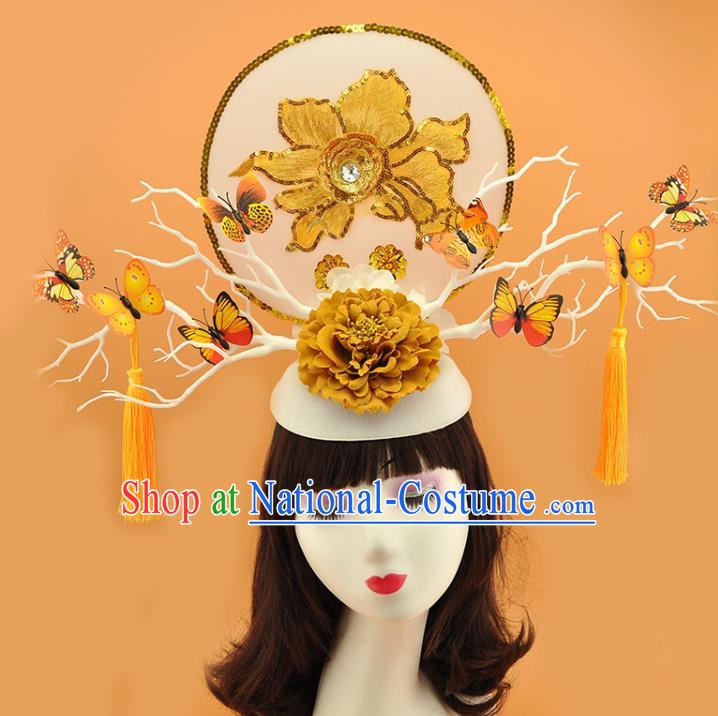 Chinese Court Yellow Butterfly Branch Top Hat Catwalks Deluxe Tassel Headdress Stage Show Sequins Peony Hair Crown