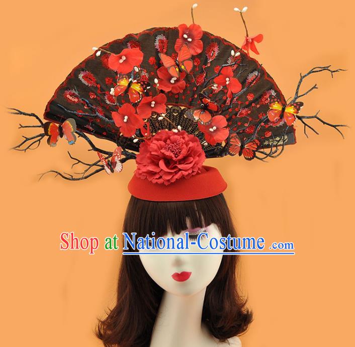 Chinese Catwalks Deluxe Black Fan Headpiece Stage Show Hair Crown Traditional Court Red Flowers Top Hat