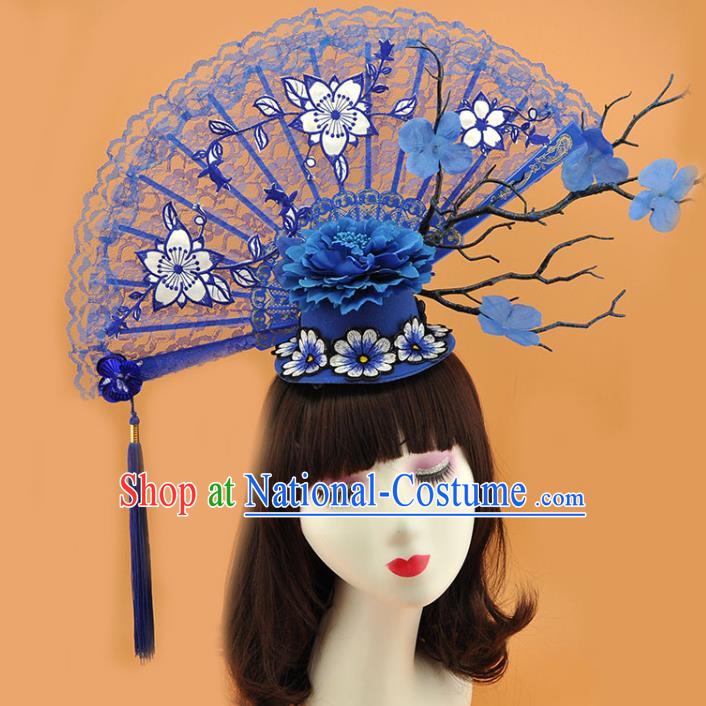 Chinese Catwalks Deluxe Tassel Headwear Stage Show Blue Lace Fan Hair Crown Court New Year Top Hat