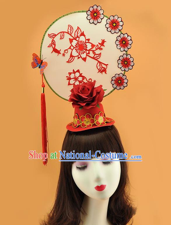 Chinese Traditional Court Red Rose Top Hat Catwalks Deluxe Headpiece Stage Show Tassel Hair Crown