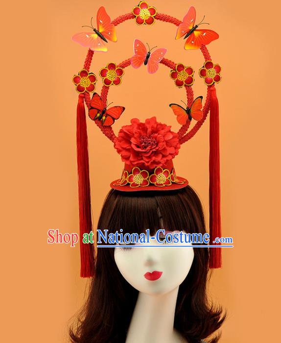 Chinese Court Red Butterfly Top Hat New Year Catwalks Deluxe Headwear Stage Show Hair Crown