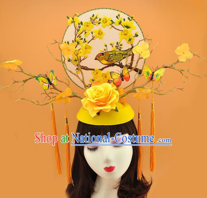 Chinese Qipao Catwalks Deluxe Yellow Rose Headpiece Stage Show  Hair Crown Traditional Court Branch Top Hat