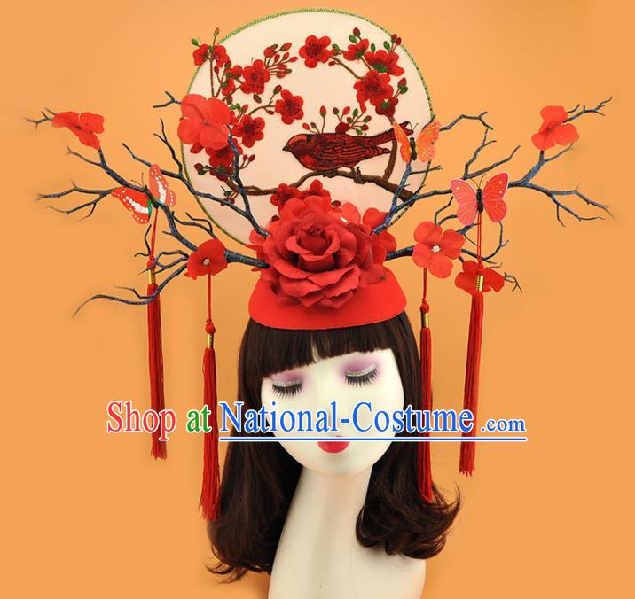 Chinese Traditional Court Branch Top Hat Qipao Catwalks Deluxe Red Rose Headpiece Stage Show Hair Crown