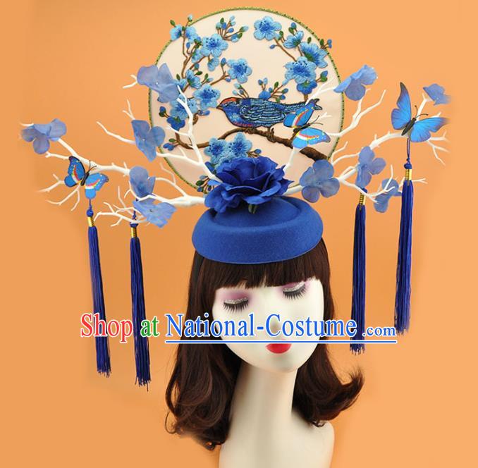 Chinese Stage Show Hair Crown Traditional Court Branch Top Hat Qipao Catwalks Deluxe Blue Rose Headpiece